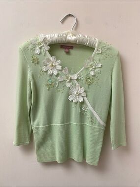 Moiselle Green Floral Appliqué Knit Sweater